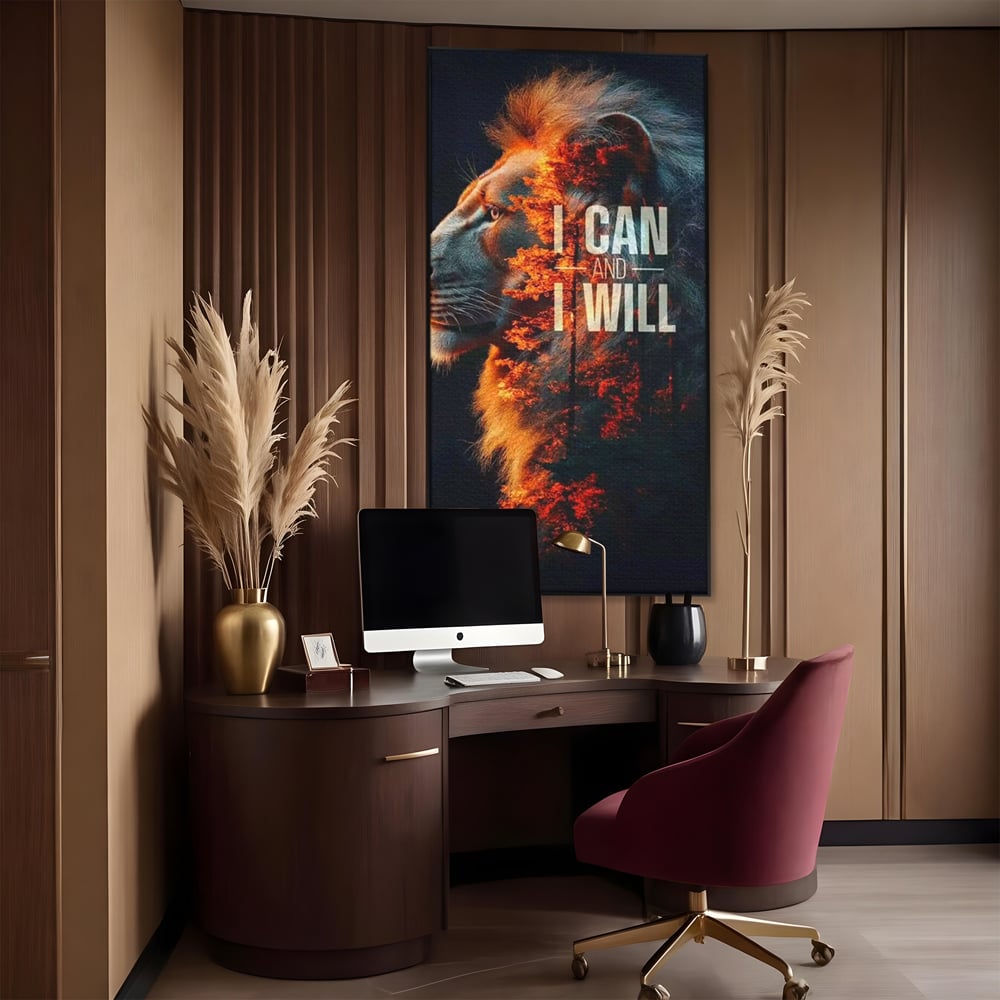 Tablou canvas cu tablou canvas cu leu si padure aprinsa, in rama de aluminiu negru, pe perete intr-un birou